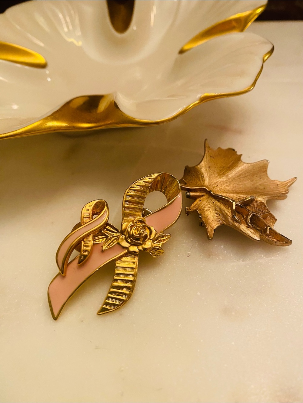 Bundle of Gold-Tone Vintage Brooches – Pink Ribbon, Pink Ribbon & Rose, & Leaf
